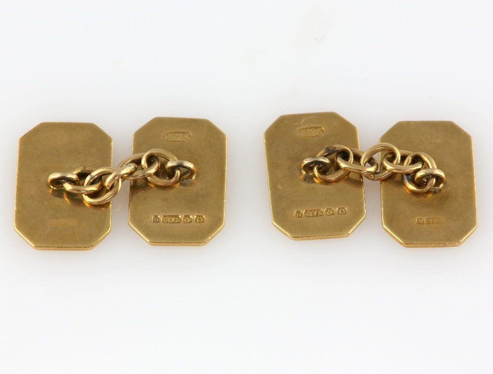 Vintage cufflinks, engraved rectangular panels with canted corners, connected by chain links, in 9 - Image 4 of 4