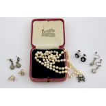 Mixed group of items, pearl cluster earrings with hook fittings mounted in white and yellow metal