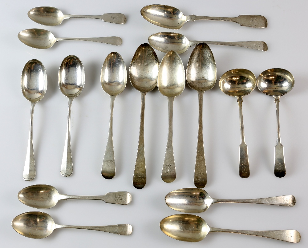 George III and later Old English and fiddle pattern, silver flatware, comprising a pair of sauce