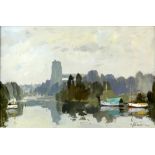 § Edward Wesson (British, 1910-1983). 'Beccles from the Waveney', oil on board, signed, 29cm x