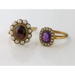 Edwardian amethyst and seed pearl cluster ring, mounted in 18 ct yellow gold, hallmarked Chester