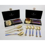 T H Marthinsen, Norway, two sets of silver gilt and varicoloured enamel dessert spoons and forks,