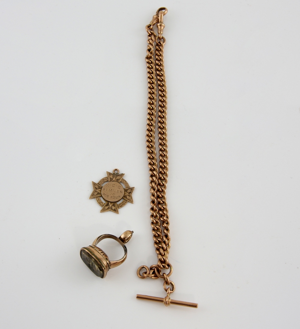 Victorian albert chain, medal, all mounted in 9 ct gold a stone set seal in yellow metal testing - Image 4 of 6