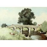 In the style of Bertram Nicholls, figures on a stone bridge and a figure in a boat, unsigned,