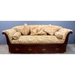 19th century mahogany day bed with padded back seat and arms the base with two drawers, 240cm wide