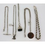 Four silver Albert chains and a muff chain with later hardstone seal. weight of silver items 150