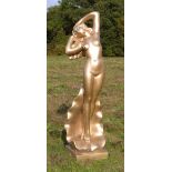 Modern concrete gold painted figure of a woman standing in a shell, 108cm high,