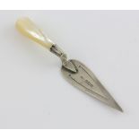 George V silver trowel form bookmark, with mother-of-pearl handle, by Adie & Lovekin Ltd.,