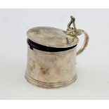 George II silver mustard pot and cover with scroll handle and plain banded decoration, maker's