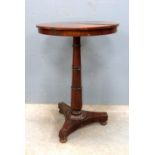 19th century rosewood round table on column support and triangular base, 50cm diameter 72cm high