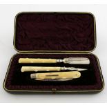 Victorian silver and ivory handled three piece fruit set, comprising corer, pip pick and folding