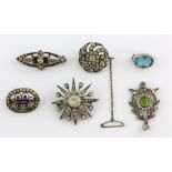 Antique paste set jewellery, a star form brooch, pendant with green paste and others, most with