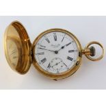 Full Hunter Perret & Fils Brenets gold pocket watch, enamel dial with Roman numerals, subsidiary