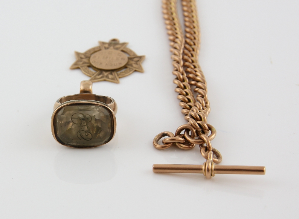 Victorian albert chain, medal, all mounted in 9 ct gold a stone set seal in yellow metal testing - Image 6 of 6