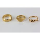 Three vintage gold rings, signet ring, square head engraved with 'V', hallmarked London 1969, size