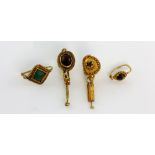 Roman gold, four earrings, 1 st Century AD, in fine gold, three set with garnets one with green