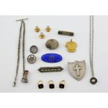 Group of items including a blue enamel brooch, micro mosaic brooch, another with engraved cross