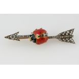 Ladybird and arrow diamond brooch, central enamel ladybird, set with old and rose cut diamonds, on