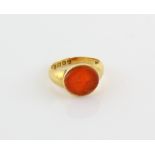 Carnelian intaglio signet ring, mounted in 18 ct, hallmarked London, ring size O. Gross weight 6.7