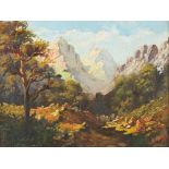 J Scotty, landscape, Mountain landscape, oil on board, signed, inscribed verso with artists name and