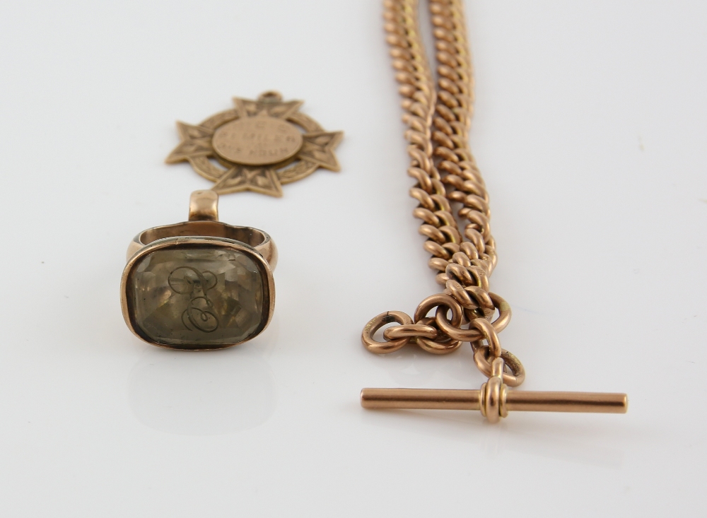 Victorian albert chain, medal, all mounted in 9 ct gold a stone set seal in yellow metal testing - Image 5 of 6