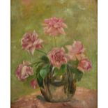 T Ribot - still life of pink roses, oil on canvas, appears unsigned, the stretcher inscribed T