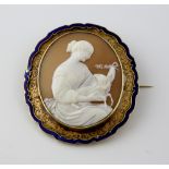 Fine Victorian cameo brooch, oval shell cameo depicting St Agnes and the lamb, surrounded by