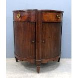 19th century bowfronted cabinet with two drawers and two tambour fronted cupboard doors, on square