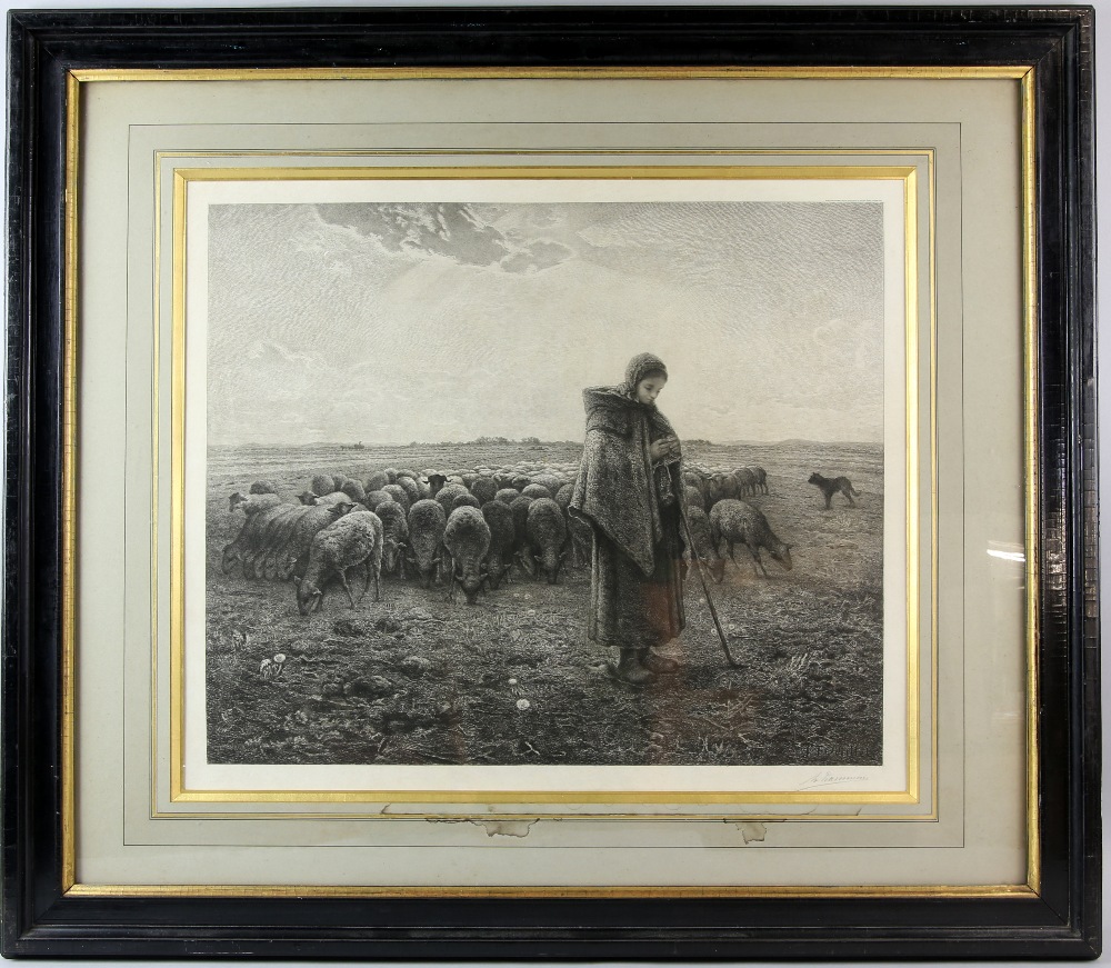 Benjamin Damman etching after Jean-Francois Millet, La Petite Bergere, a shepherdess and her - Image 4 of 5