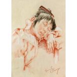 Franco Matania (Italian, 1922-2006). Oriental girl sleeping, signed, coloured chalk, 38cm x 28cm,