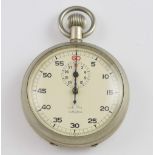 A Lemania Nero military 30 minute stopwatch, the stainless steel body with top winder and start-