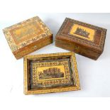 19th century Tunbridge ware box, the top inset with a castle 27cm wide another 28cm wide and a