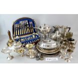 Collection of silver plated wares to include entree dishes and covers, flatware, three piece tea