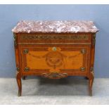 20th century French Rosewood and marquetry inlaid marble topped commode, with gilt metal mounts,