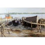James Longueville (British, b.1942), 'Old Wharves, Pin Mill', signed, gouache, 40cm x 60cm, titled