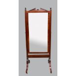 Edwardian mahogany inlaid cheval mirror on casters, 170cm x 70cm