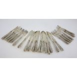 Set of twelve Victorian silver fish knives and forks with engraved and scrolling decoration with