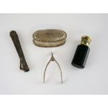Collection of silver items and costume jewellery, Victorian S.Mordan & Co blood stone, smelling