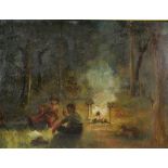 J Andrews , camping scene with two figures 30cm, x 40cm .