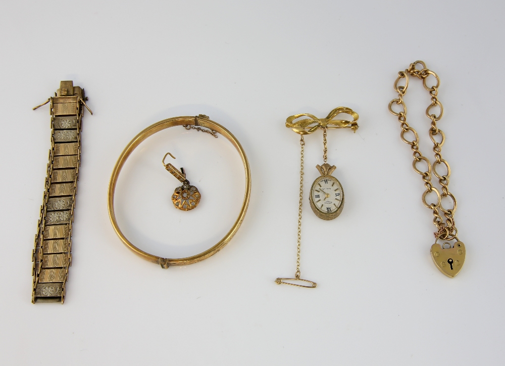 Collection of gold items, vintage fancy link bracelet with padlock clasp, in 9 ct hallmarked