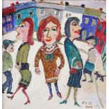 § Fred Yates (British, 1922-2008), figures in a street, signed, oil on canvas, 38.5cm x 38.5cm,