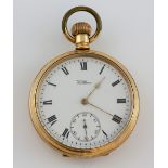 Open faced Waltham pocket watch, white enamel dial with Roman numerals, subsidiary dial and minute