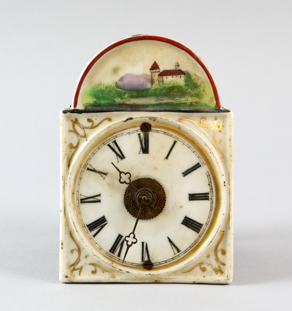 19th Century wall clock with porcelain dial decorated with landscape Face 13 x 9 cm - Image 2 of 12