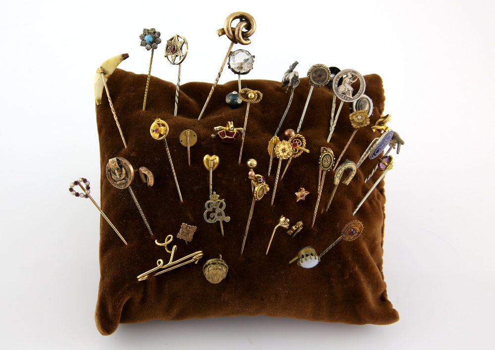 Collection of Victorian stick pins including some gem set, ten with silver pins, the others all