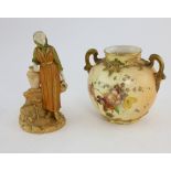 Royal Worcester Blush ivory figure of a female water carrier dated 1911, dressed in rustic clothing,