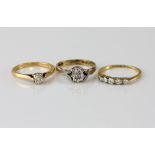 Three diamond set rings, old cut diamond ring, estimated diamond weight 0.38 carat, estimated H/I