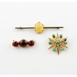 Three gem set brooches, opal bar brooch, set with oval cabochon cut opal, estimated total weight 5.