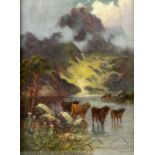 Charles W Oswald (British, 19th-20th century), highland cattle watering with mountains beyond,