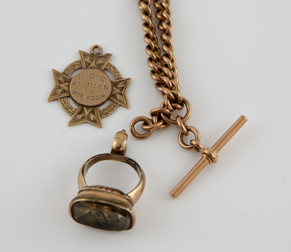 Victorian albert chain, medal, all mounted in 9 ct gold a stone set seal in yellow metal testing - Image 2 of 6
