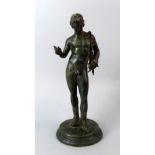 Bronze figure of a man in classical form , on round base 28cm high .